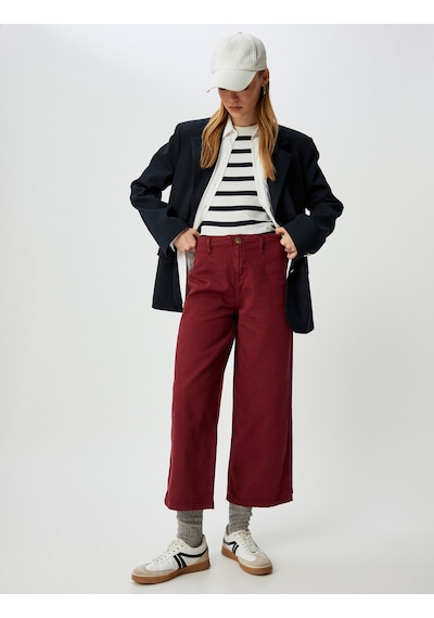 Koton Geniş Kısa Paça Pantolon Yüksek Bel Düğmeli - Wide Leg Jean Bordo 5wal40037mw Bordo