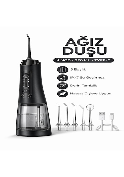 Şarjlı Ağız Duşu 320 Ml Su Hazneli 4 Modlu Ipx7 Su Geçirmez Taşınabilir Oral Irrigator 5 Başlıklı Type-c