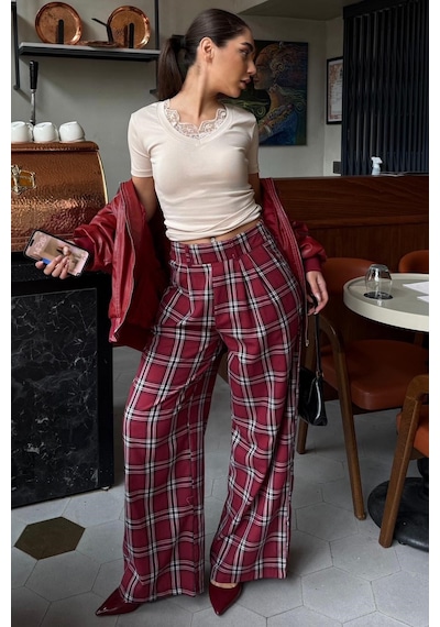 Madmext Bordo Kare Desenli Rahat Kesim Pantolon Mg2728