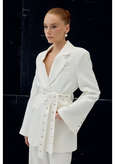Sateen Serana Kuşak Detaylı Ceket - Ekru-137074 Ekru