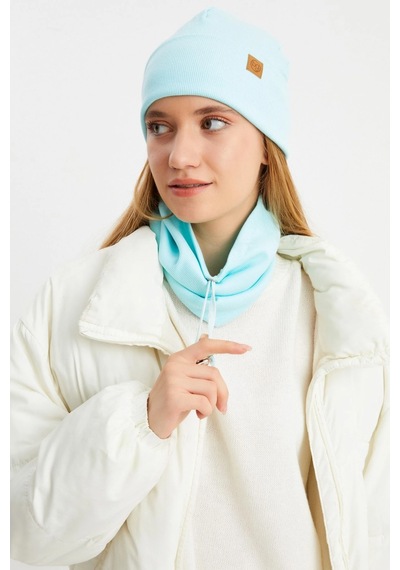 Butikgiz Kadın Balıkçı Style Pamuklu Kaşkorse Terletmez Ultra Hafif Yumuşak Bere Boyunluk Takım Aqua