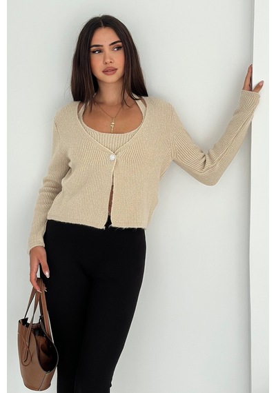 Noa & Noa Kadın Örgü Crop Top & Hırka Takımı Yumuşak & Minimal Stil Bej