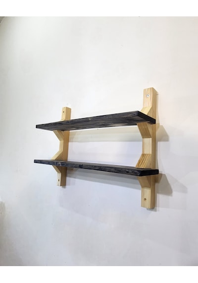Modern 2 Katlı Ahşap Duvar Rafı Dekoratif Masif Ahşap Kitaplık Ve Duvar Rafı Siyah