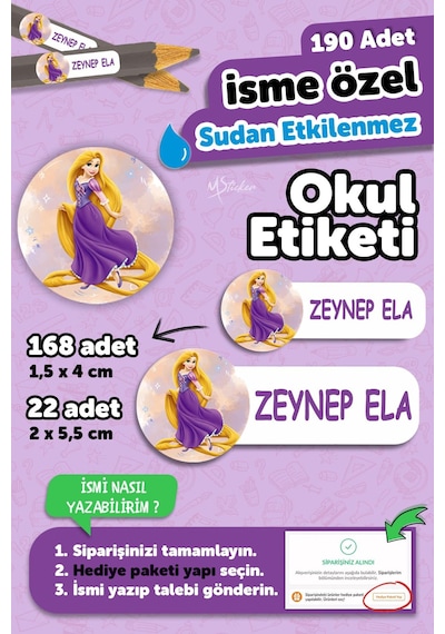 Okul Etiketi Kalem Defter İsimli Etiket Isim Yazılabilen Rapunzel - 190 Adet Özel Yeni Tasarım Beyaz