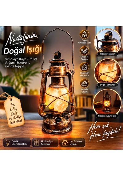 Dekoratif Retro Gaz Lambası Tasarımlı Çankırı Tuz Taşı Lambası Vintage Masa Lambası