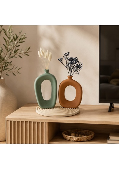 El Yapımı Modern Bohem Beton Vazo Seti Dekoratif Kemerli İkili Vazo & Yuvarlak Altlık Premium Seri Adaçayı