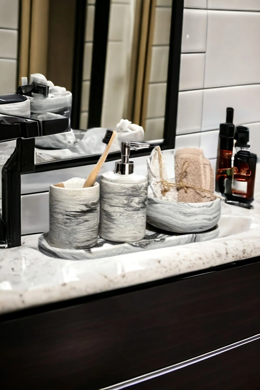 4'lü Banyo Seti Sıvı Sabunluk Diş Fırçalığı Beton Aksesuar Takım Gri