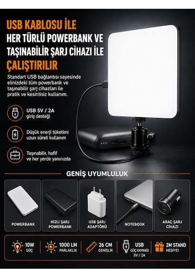 Profesyonel 26cm Led Işık 3 Renk Modlu 2 Metre Tripod Standlı Ayarlanabilir Masa Lambası Aydınlatma