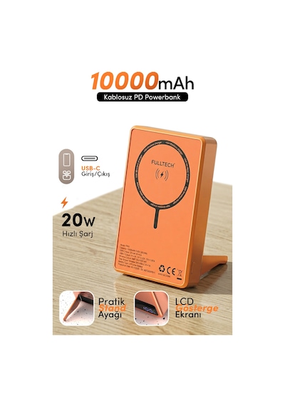Fulltech Fp50 Magsafe Wireless Powerbank Turuncu 10000mah 20w Lcd Ekranlı Standlı Taşınabilir Şarj C