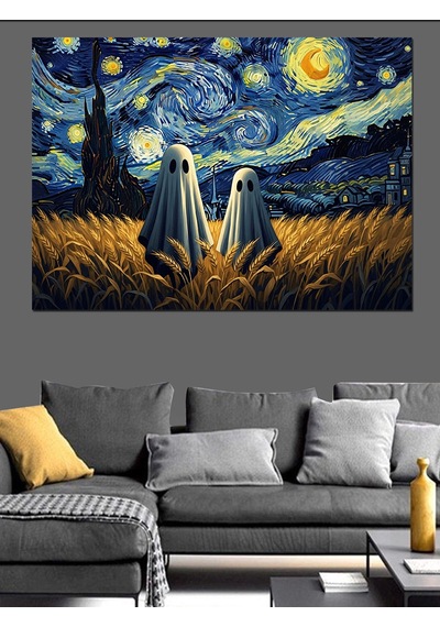 Yıldızlı Gece Van Gogh Hayalet İllüstrasyonu Dekoratif Kanvas - Mdf Ahşap Tablo