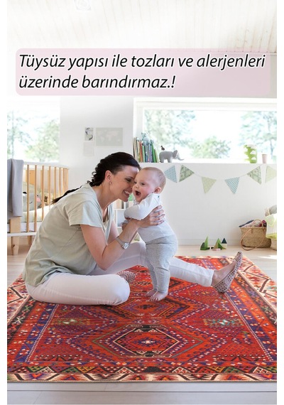 Foldy Etnik Desenli Dokuma Taban Dekoratif Kırmızı Halı Fl 17 Kırmızı 4