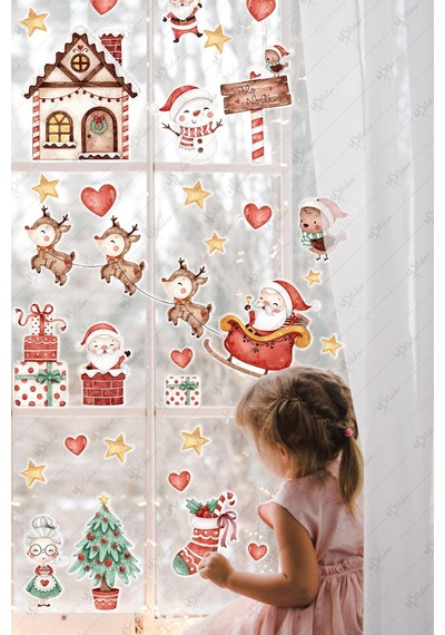 Yılbaşı Kış Evi Kardan Adam Ve Noel Baba Kış Figürleri Kalpler Ve Yıldızlar Yeni Yıl Sticker Seti Dijital Baskı