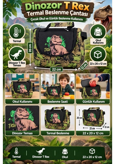 Jurassic World Dinozor T Rex Termal Beslenme Çantası Çocuk Okul Yemek Çantası 22x20x12 Cm Çok Renkli