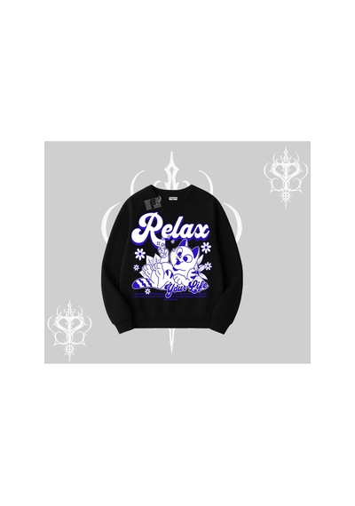 Tarzsokak Relax Kedi Baskılı Biskilet Sweatshirt Siyah