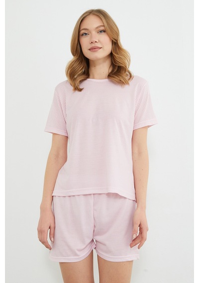 Fullamoda İnce Çizgili Bisiklet Yaka Şortlu Pijama Takımı Pudra
