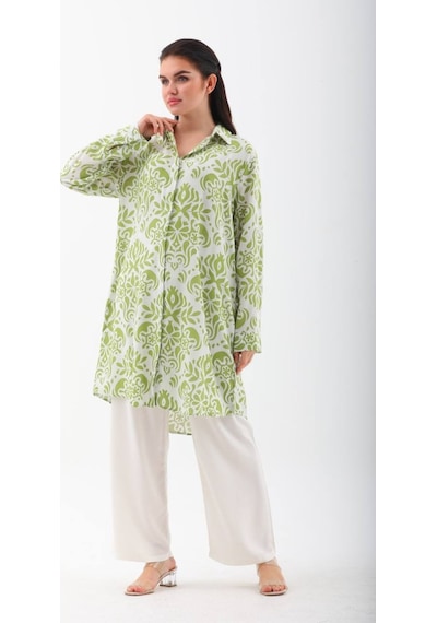 Polologin Butik Pembe Beyaz Viskon Kare Desen Tunik Pantolon Takım Yeşil