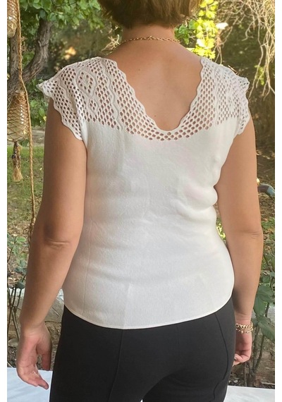 Mia Butik Kadın Beyaz Sıfır Kol Ajurlu Triko Bluz-1266 Beyaz