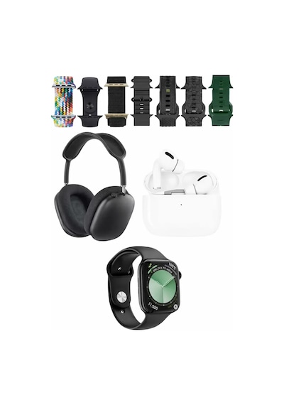 Karler Bass K32 Kombo 7 Adet Kordon Akıllı Saat Airpods Kulaklık Kafa Üstü Kablosuz Kulaklık Set - Siyah