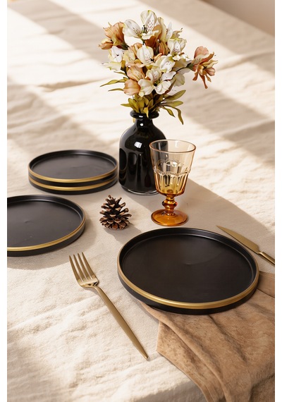 Keramika Mat Siyah Gold Fileli Stackable Pasta Tabağı 21 Cm 4 Adet