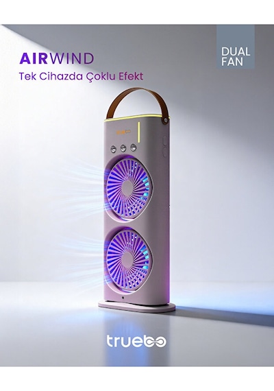 Truebo AirWind - Masaüstü Buhar Püskürtmeli Taşınabilir Şarjlı Led Işıklı Çift Fanlı Vantilatör