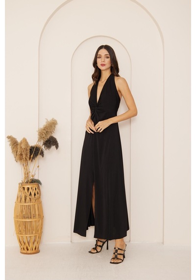 Darlin Moda Siyah Yırtmaçlı Önü Düğüm Detaylı Maxi Boy Elbise Dm1033