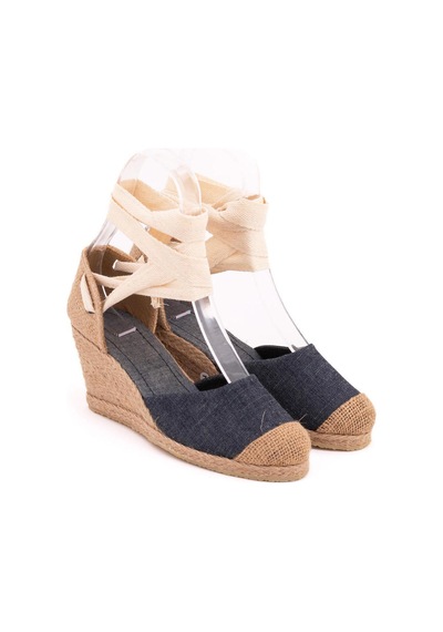 Star Tombis Gerçek Elişi Kot Mavisi Ipli Dolgu Topuk Keten Espadril Handmade Mavi