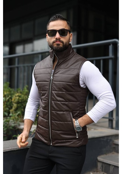 Basic Slim Fit Deri Yelek Kahverengi