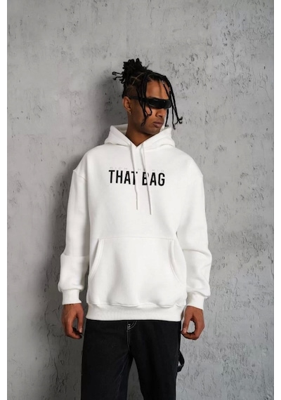 Erkek Kanguru Cep Baskılı Kapüşonlu Sweatshirt - Beyaz Beyaz