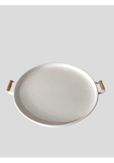 Ahşap Kulplu 51 Cm Beyaz Yuvarlak Metal Tepsi Kahvaltı Çay