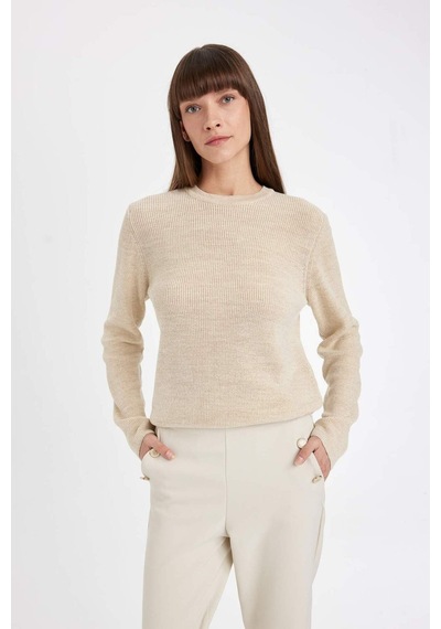 Defacto Regular Fit Bisiklet Yaka Simli Kumaş Kazak Tunik D0405AX24WNER105 Ekru