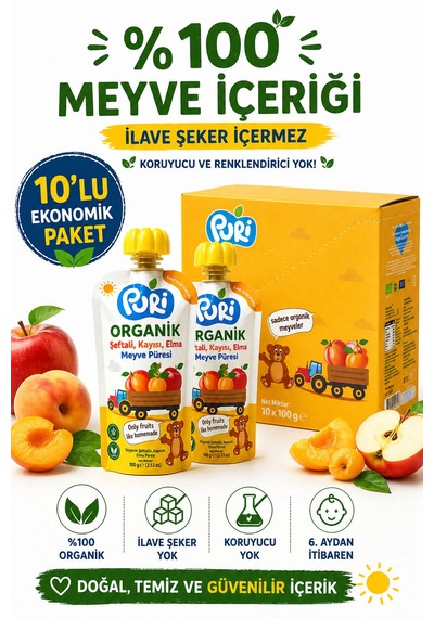 Organic Şeftalili Kayısılı Püresi 100g  x 10 %100 Organik İlave Şekersiz 10'lu Paket