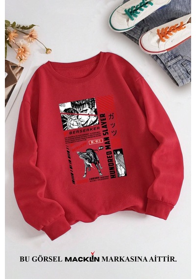 Macklin Unisex Kadın Erkek Berserk Anime Özel Tasarım Baskılı Bisiklet Yaka Sweatshirt Kırmızı Mck1332 Kırmızı