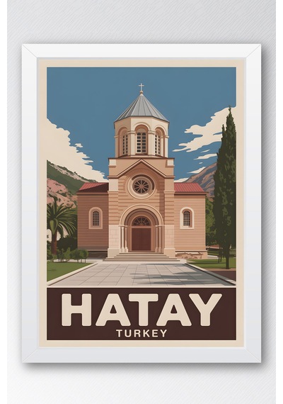Hatay Tablo - Retro Travel Poster - Türkiye Şehir Serisi Duvar Dekoru - Çerçeve Şehir İllüstrasyonu Beyaz