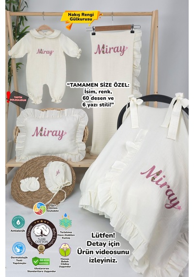 Gros Shop Müslin Yeni Doğan 4katlı Organik %100pamuk Kişiye Özgü Nakışlı Hastane Çıkış Seti Papatya Model-12 Ekru-1