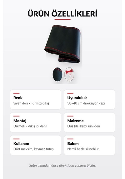 Trobus Ford Focus 2019-2023 Uyumlu Dikmeli Direksiyon Kılıfı Düz Deri Siyah Kırmızı Dikiş