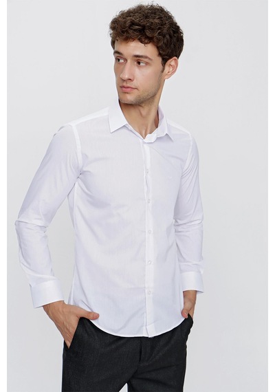 İmza Beyaz Uzun Kol Düz Bez Ayağı 041 Sert Yaka Basic Slim Fit Gömlek 1004245057 Beyaz