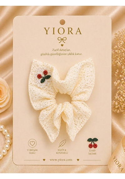 Premium Seri Krem Renkli Kiraz Nakışlı Yumuşak Dantel Kumaş Lastik Saç Tokası