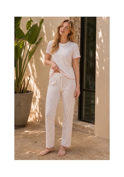 Rindahomewear Kadın Alaçatı Kumaş Çiçek Desenli Kısa Kollu Yazlık Pijama Takımı Çiçeklidesen