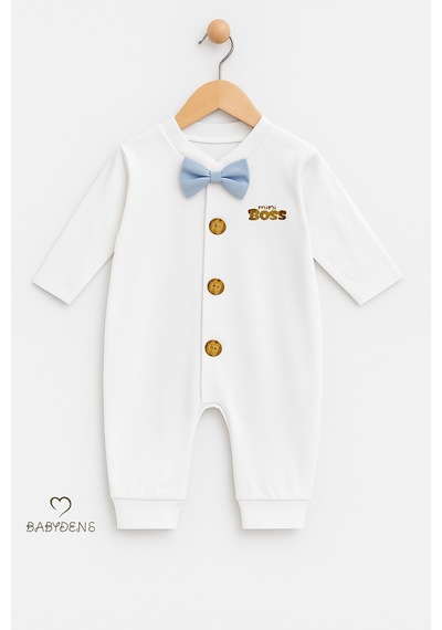 Babyden's Mini Boss Papyonlu Erkek Bebek Tulum Düğmeli Tasarım, Uzun Kollu Yenidoğan Tulumu Açık Mavi