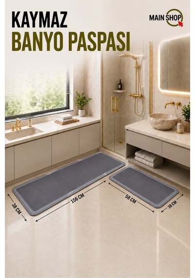 Mainshop 2 Li Set Sihirli Su Emici Mutfak Banyo Paspası Kaymaz Tabanlı 156x38 Cm Takım 38x58 Cm Yazısız Model M-62 Gri