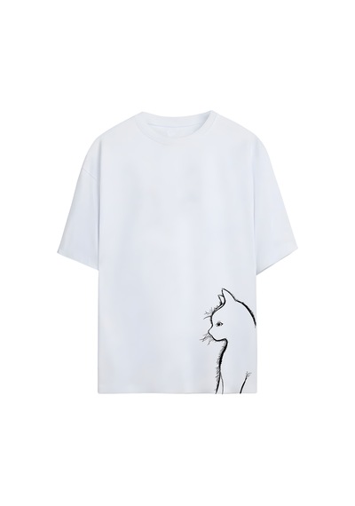 Noıssey Kedi Baskılı Unisex Oversize T-shirt Beyaz