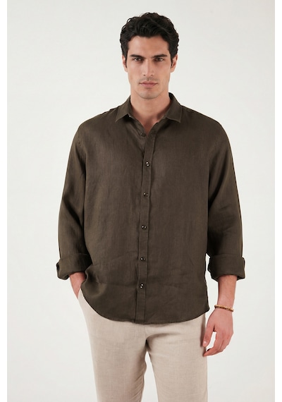 Buratti Pamuklu Regular Fit Klasik Yaka Uzun Kollu % 100 Keten Gömlek Erkek GÖMLEK CF26S1210000 Kahve