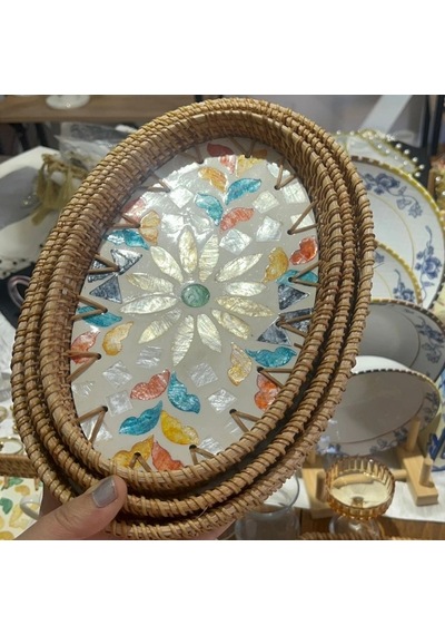 Renkli Çiçek Mozaik Desenli Oval Hasır Kenarlı Tepsi
