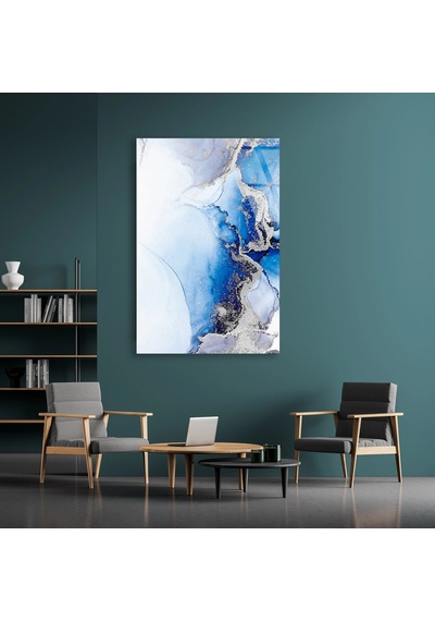 Mavi Mürekkep Mermer Cam Tablo Yatay 50x70 Cm