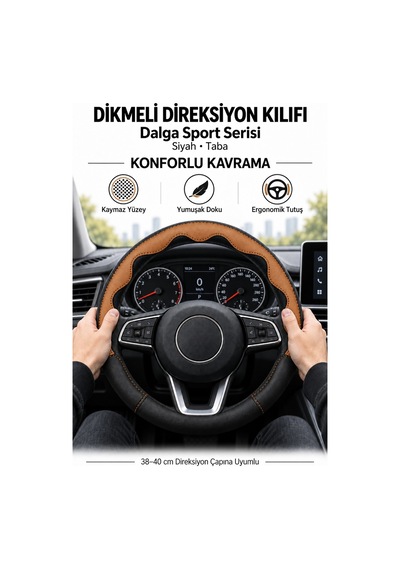 Trobus Hyundai Santa Fe 2024-2025 Uyumlu Dikmeli Direksiyon Kılıfı Dalga Sport Deri Siyah Taba Taba - Siyah