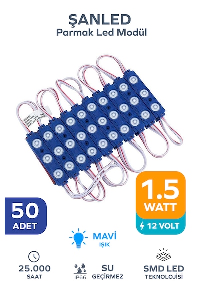 3 Ledli Parmak Led Modül 1.5w 2835 Smd Mercekli Mavi Renk 12v 50 Adet
