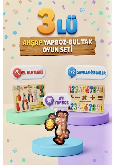 Eğitici Öğterici Ve Eğlenceli 3'lü Ahşap Yapboz Hikayeli Yapboz Ve Bul-tak Seti
