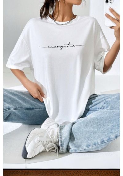 Energetic Ön Baskılı Bisiklet Yaka Kadın Oversize Tshirt Beyaz