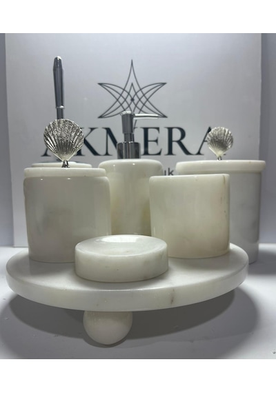 Mermer Top Ayaklı Standlı 7 Parça Lüks Banyo Seti Beyaz