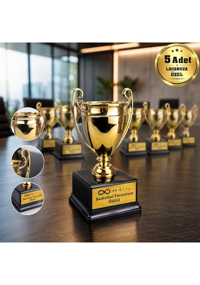Logonuza Özel 5 Adet Mesajlı Gold Renk Şampiyon Ödül Kupası 23 Cm Kurumsal Set